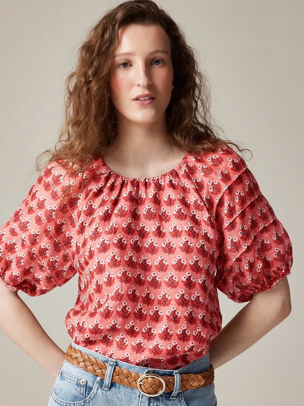 Never worn: J. Crew lined puff-sleeve top in block-print ramie, coral multi